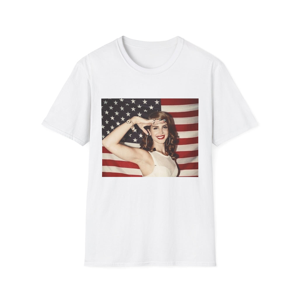 Patriotic Pin-Up T-Shirt — Retro Woman Saluting with American Flag