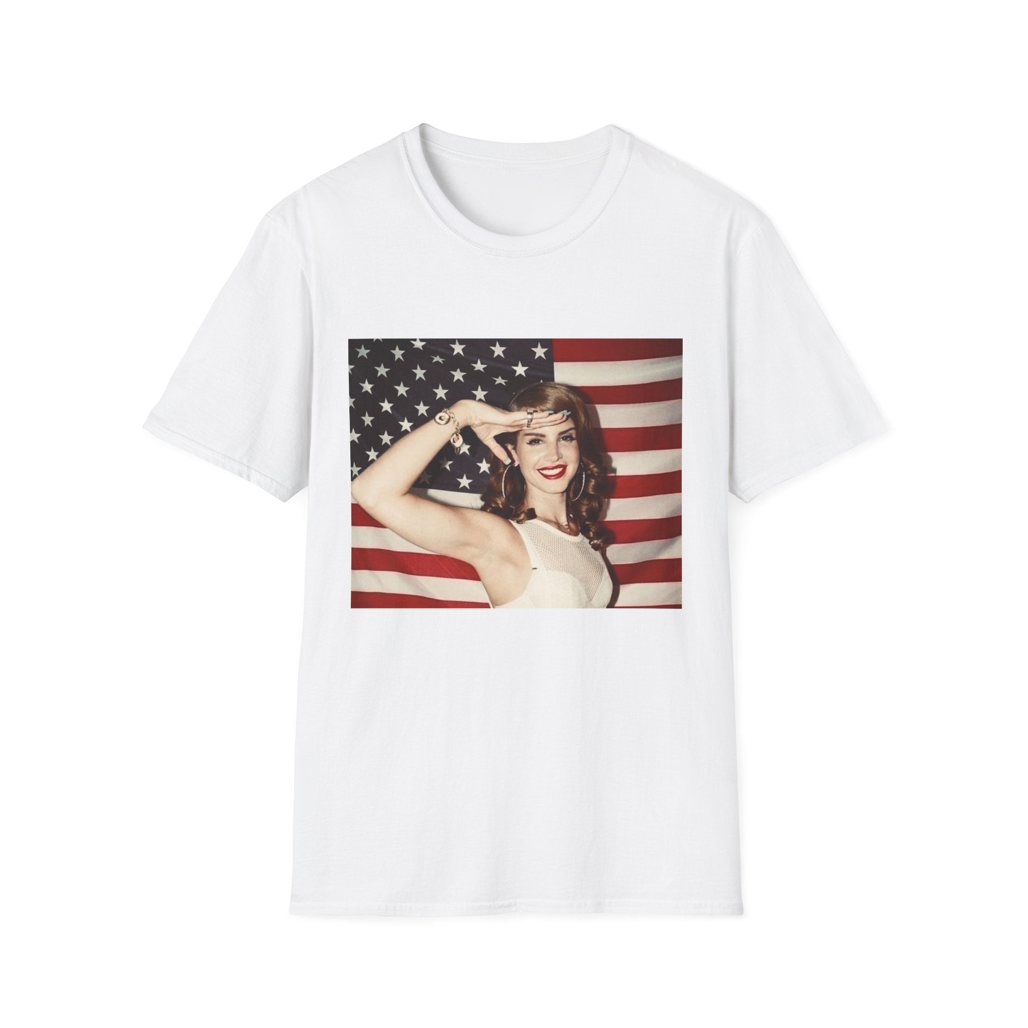 Patriotic Pin-Up T-Shirt — Retro Woman Saluting with American Flag