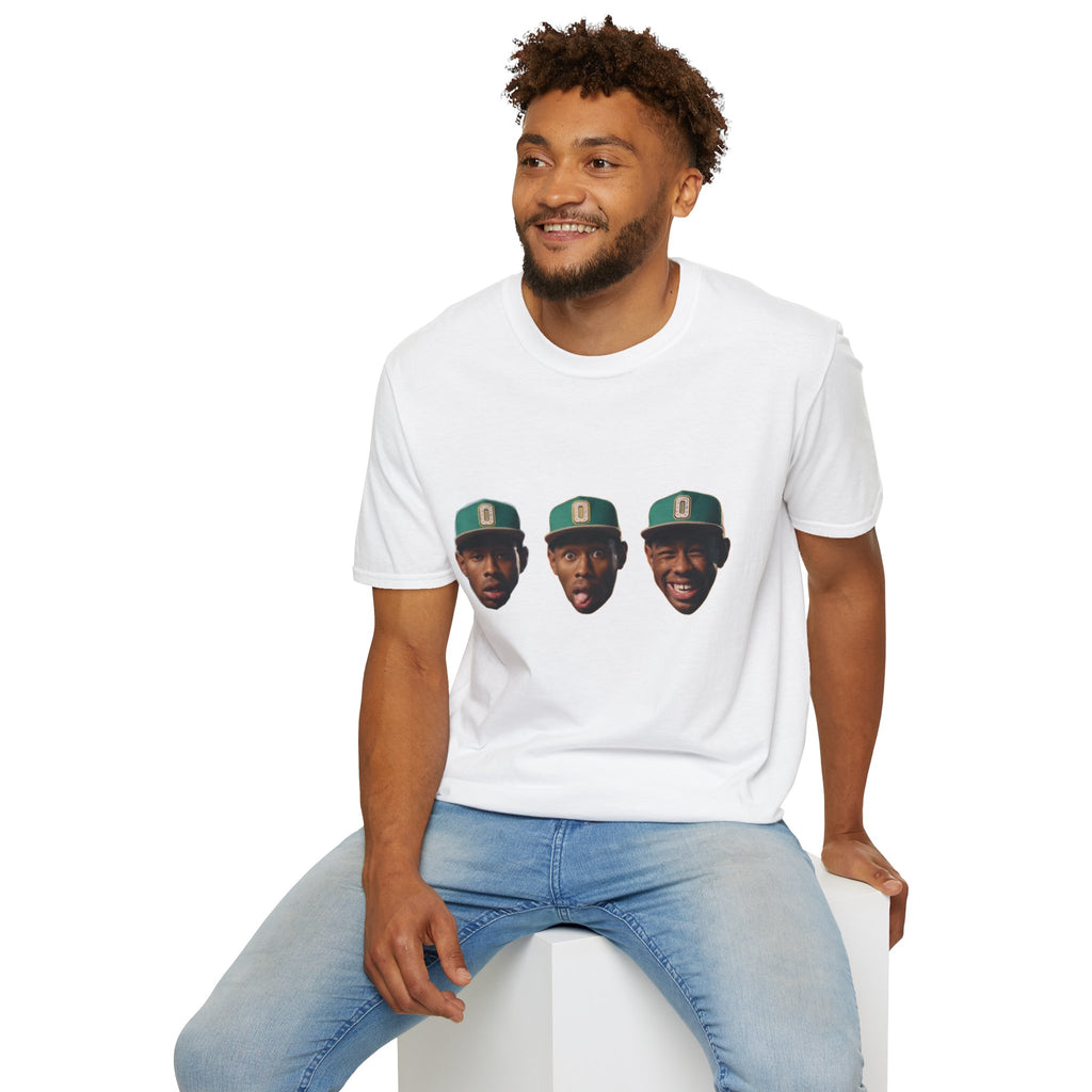Triple Face Graphic T-Shirt — Playful Expression Tee