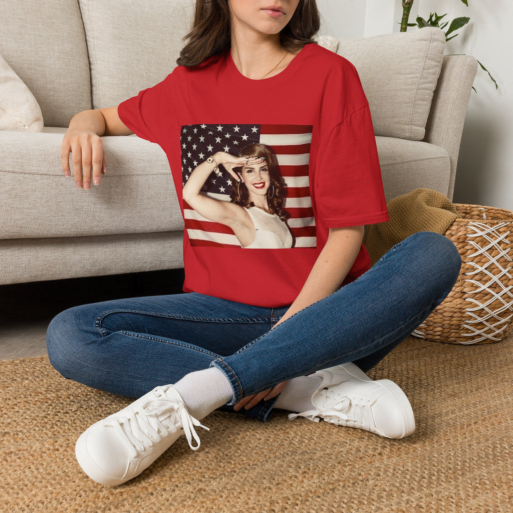 Patriotic Pin-Up T-Shirt — Retro Woman Saluting with American Flag