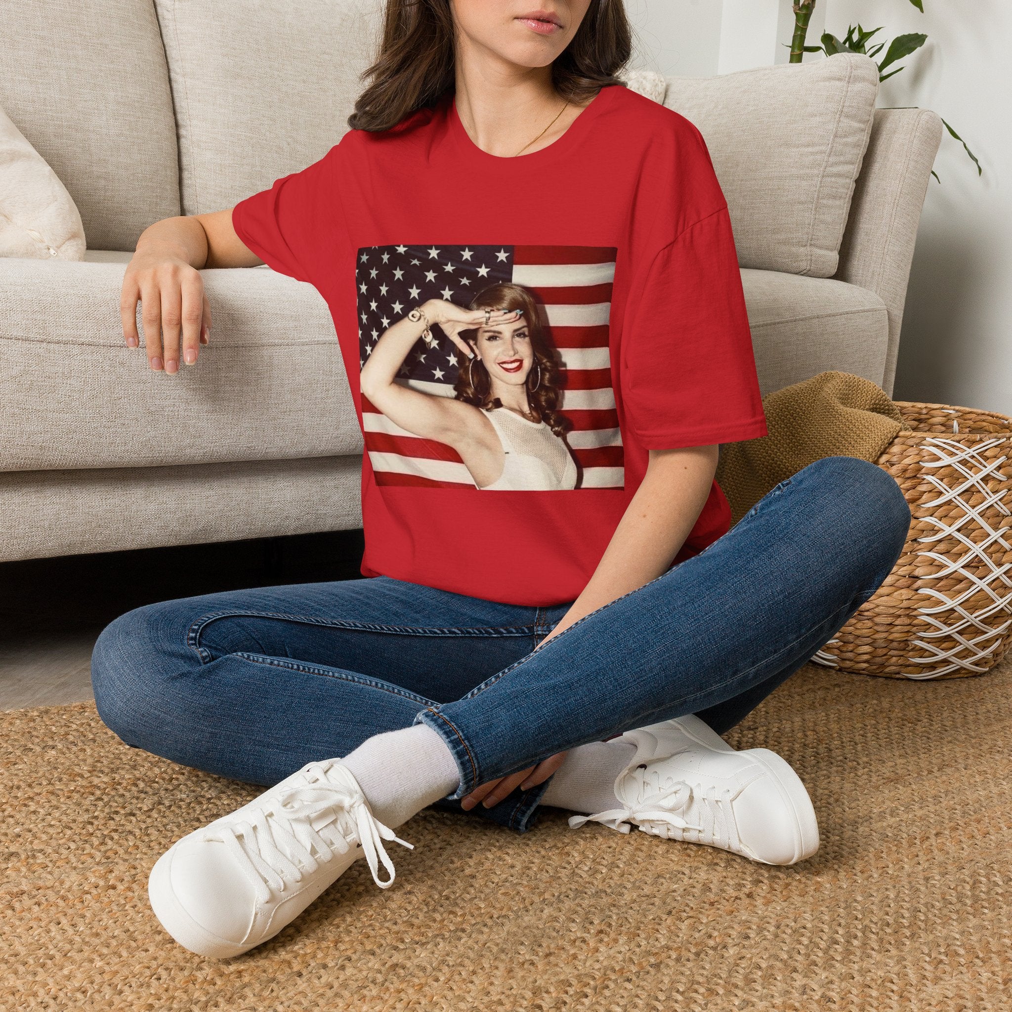 Patriotic Pin-Up T-Shirt — Retro Woman Saluting with American Flag