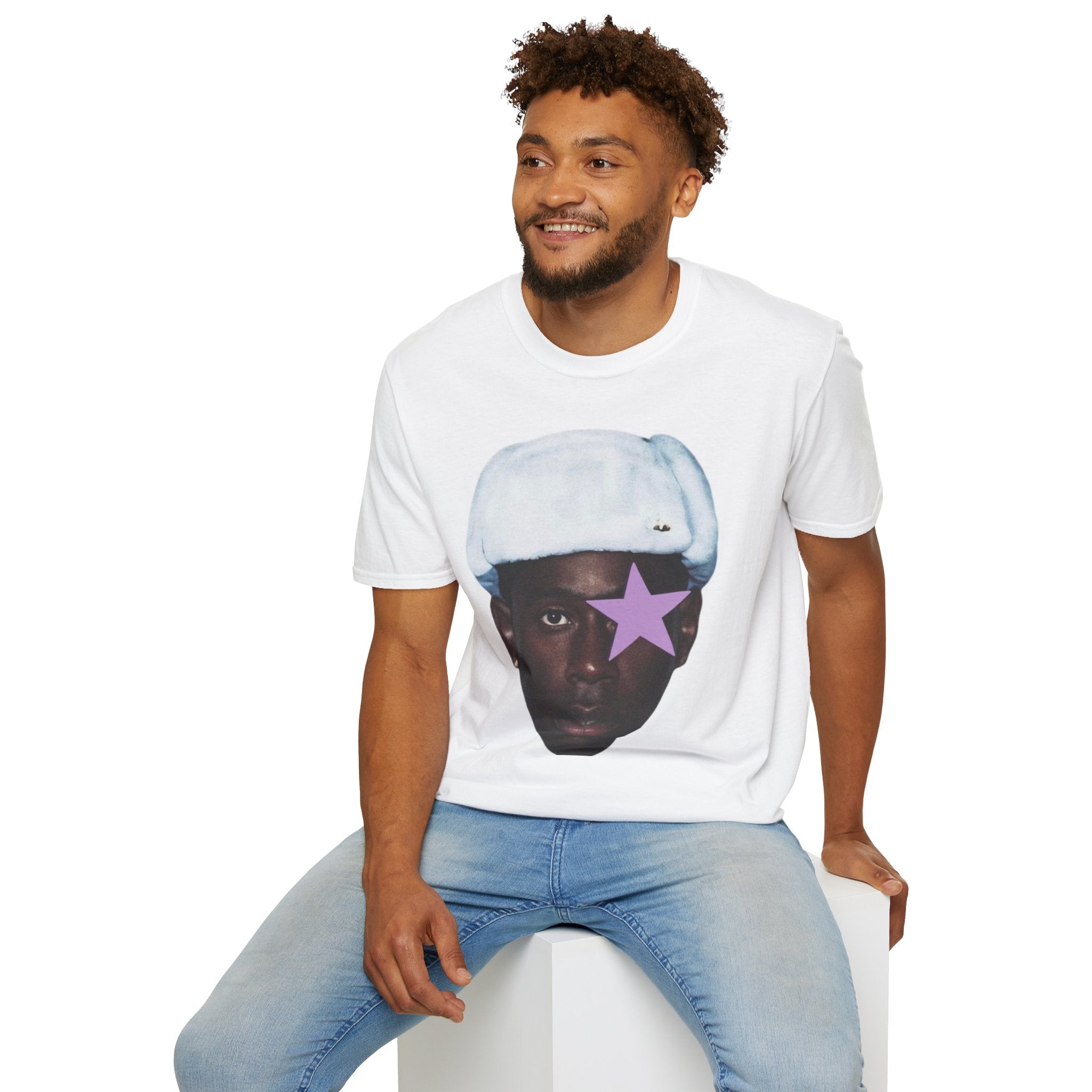 Star-Eyed Portrait T-Shirt — Vintage Pop Art Face with Purple Star