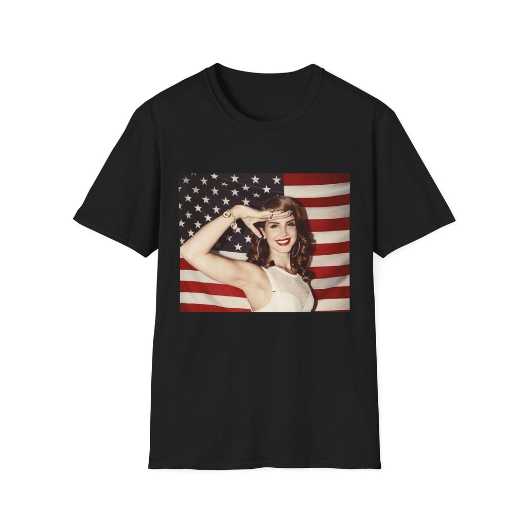 Patriotic Pin-Up T-Shirt — Retro Woman Saluting with American Flag