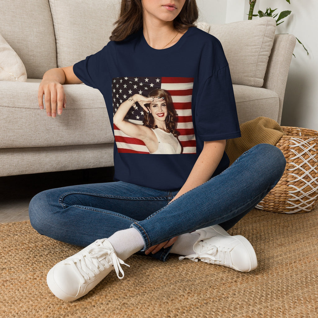 Patriotic Pin-Up T-Shirt — Retro Woman Saluting with American Flag