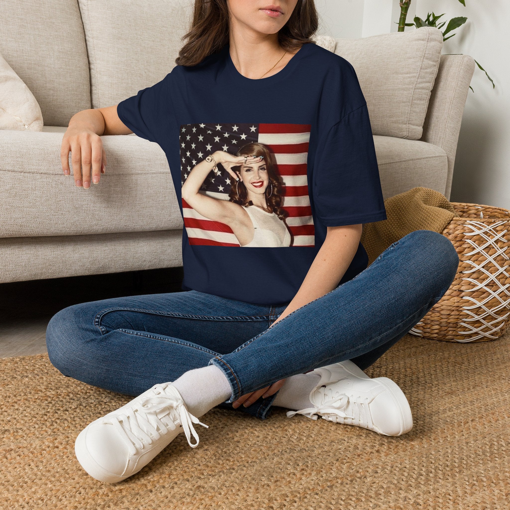 Patriotic Pin-Up T-Shirt — Retro Woman Saluting with American Flag