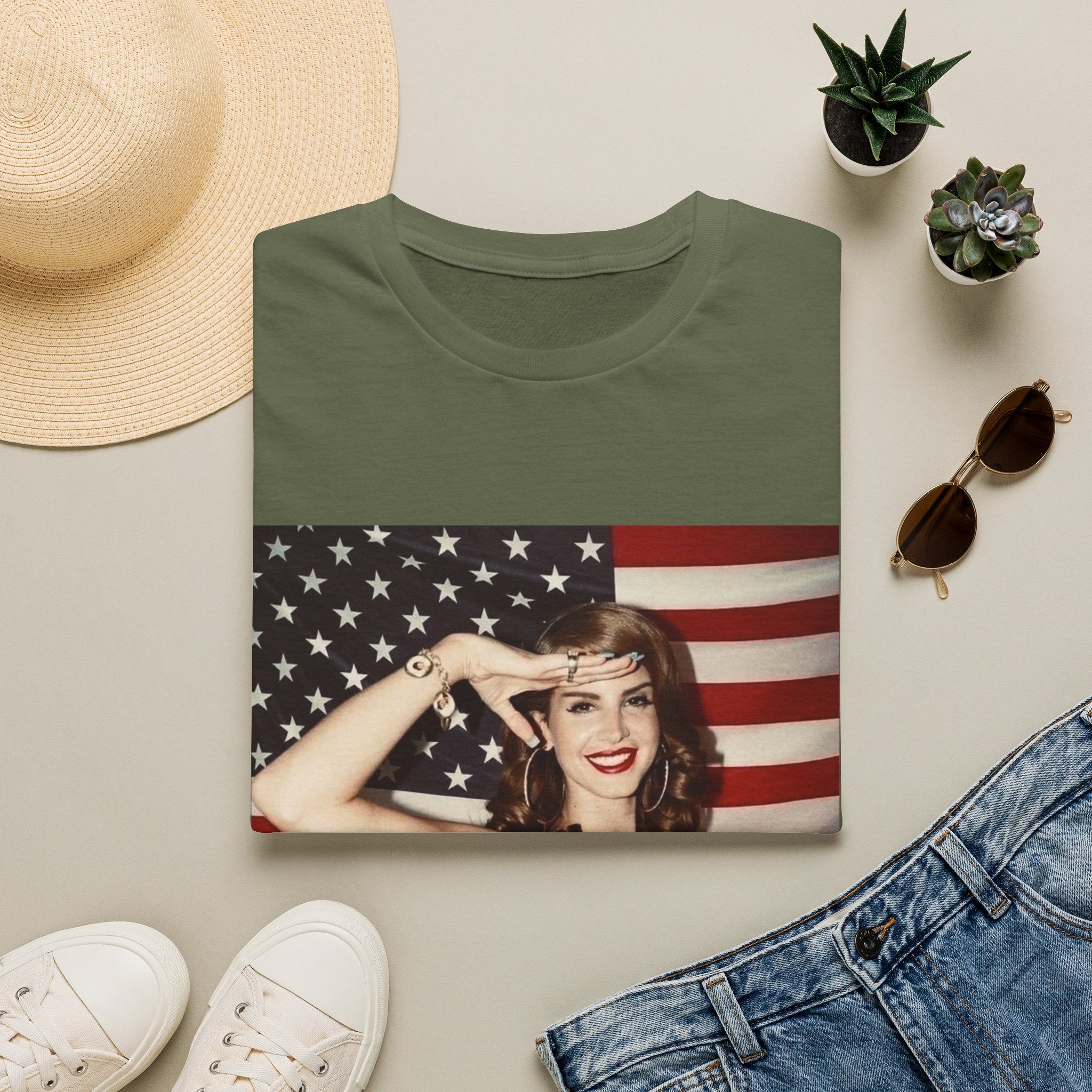 Patriotic Pin-Up T-Shirt — Retro Woman Saluting with American Flag