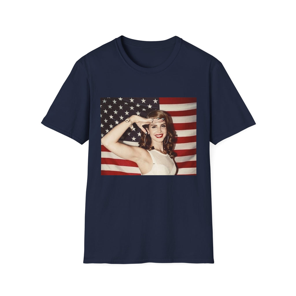 Patriotic Pin-Up T-Shirt — Retro Woman Saluting with American Flag