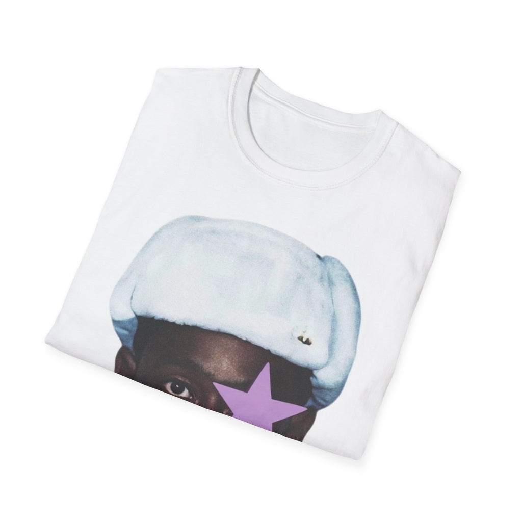 Star-Eyed Portrait T-Shirt — Vintage Pop Art Face with Purple Star