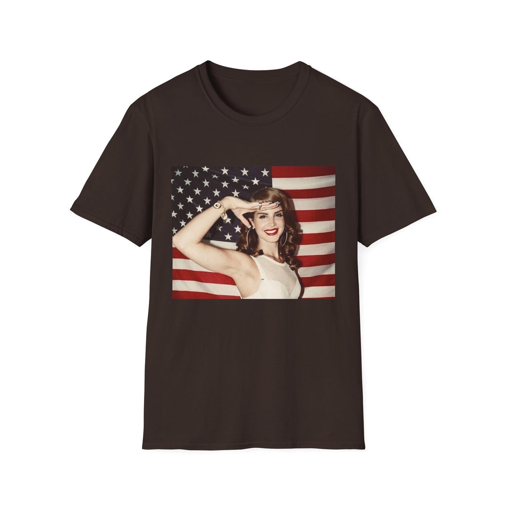 Patriotic Pin-Up T-Shirt — Retro Woman Saluting with American Flag