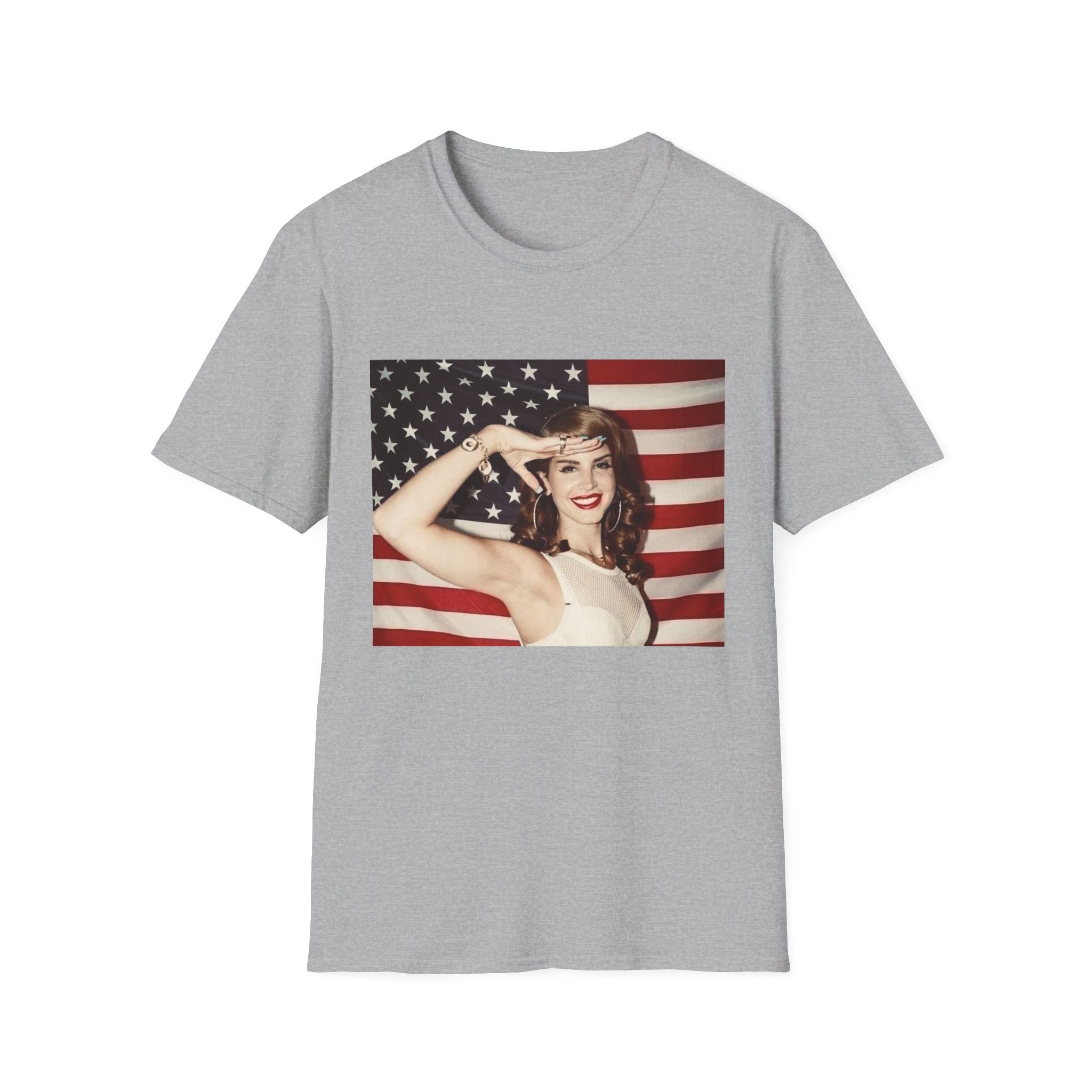 Patriotic Pin-Up T-Shirt — Retro Woman Saluting with American Flag