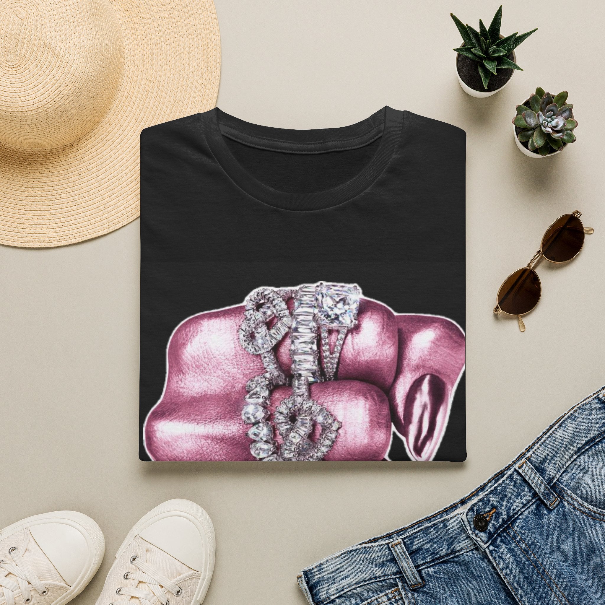 Graphic T-Shirt — Pink Knuckleduster Design with Diamond Chain