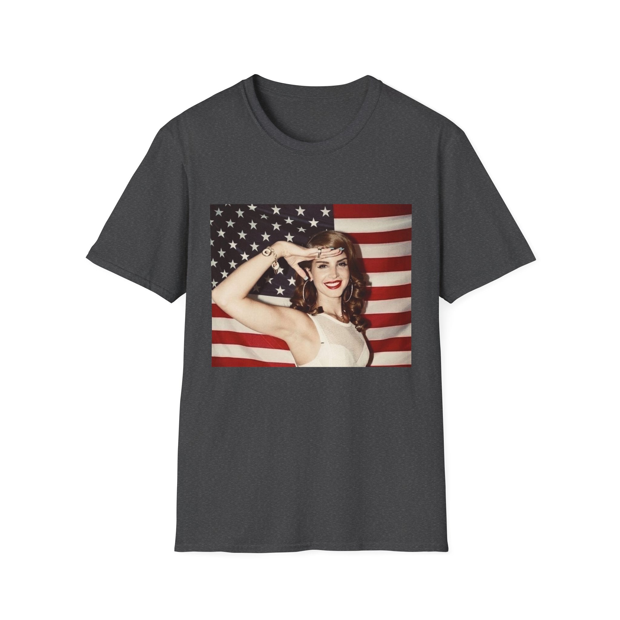 Patriotic Pin-Up T-Shirt — Retro Woman Saluting with American Flag