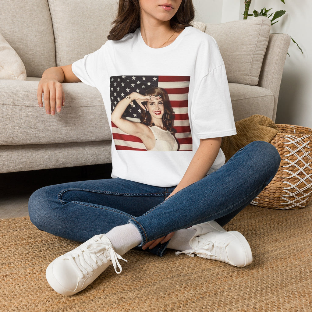 Patriotic Pin-Up T-Shirt — Retro Woman Saluting with American Flag