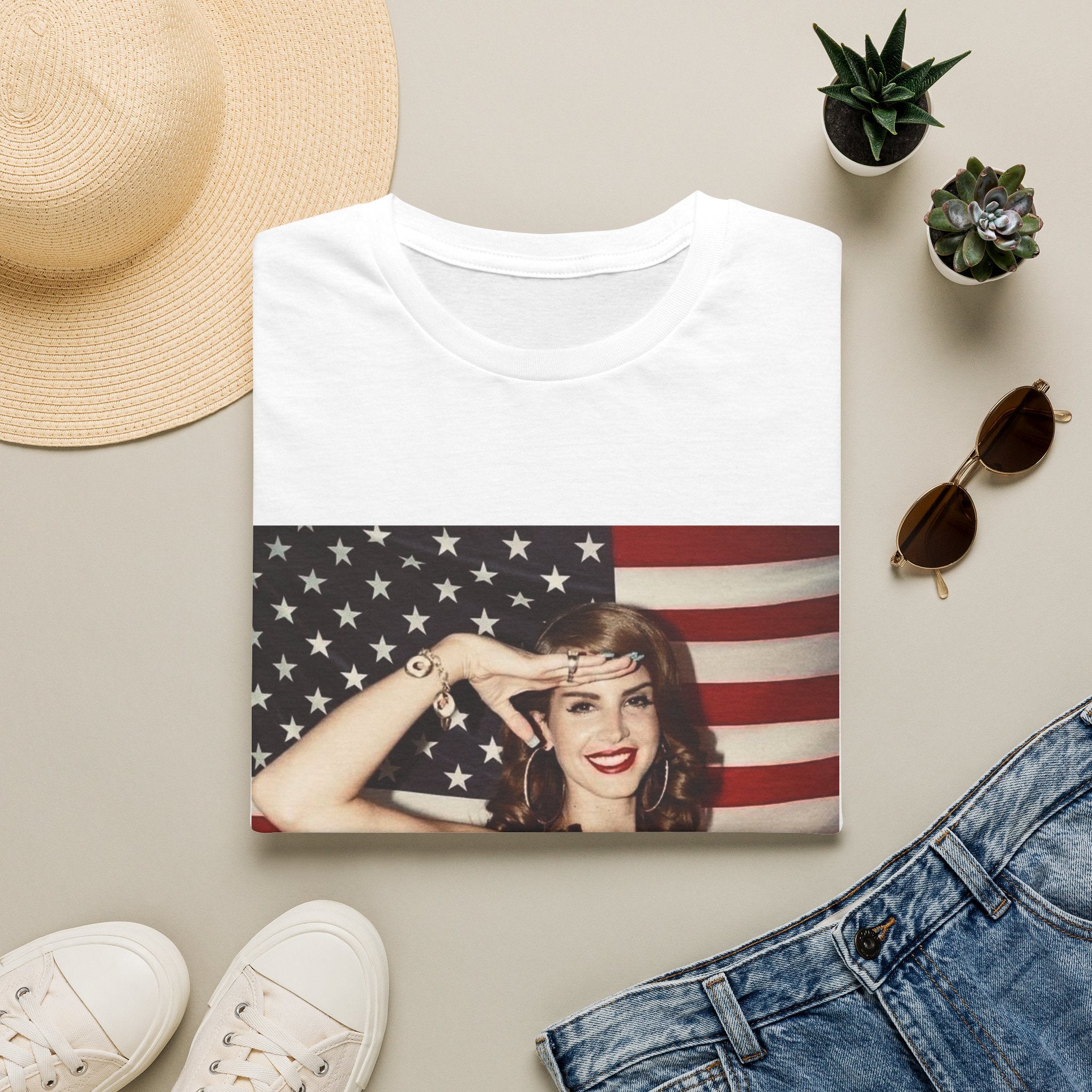 Patriotic Pin-Up T-Shirt — Retro Woman Saluting with American Flag