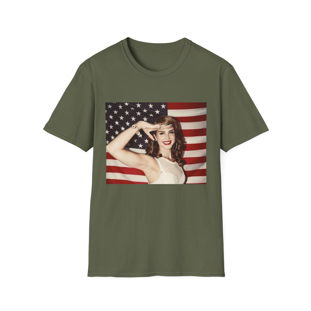Patriotic Pin-Up T-Shirt — Retro Woman Saluting with American Flag