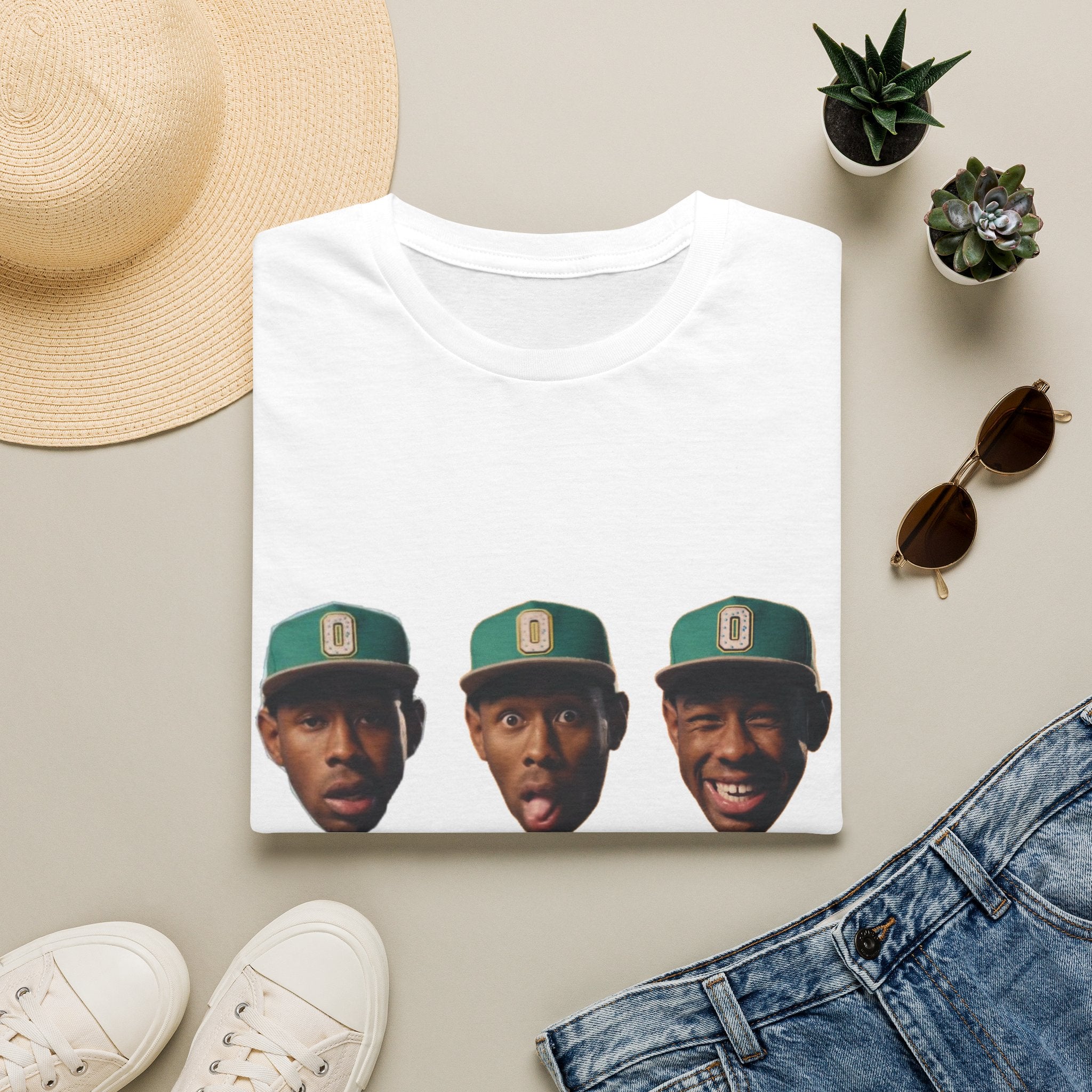Triple Face Graphic T-Shirt — Playful Expression Tee