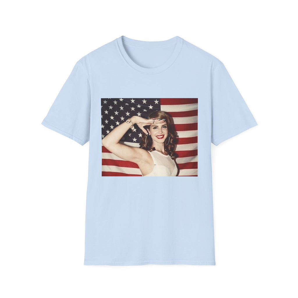 Patriotic Pin-Up T-Shirt — Retro Woman Saluting with American Flag