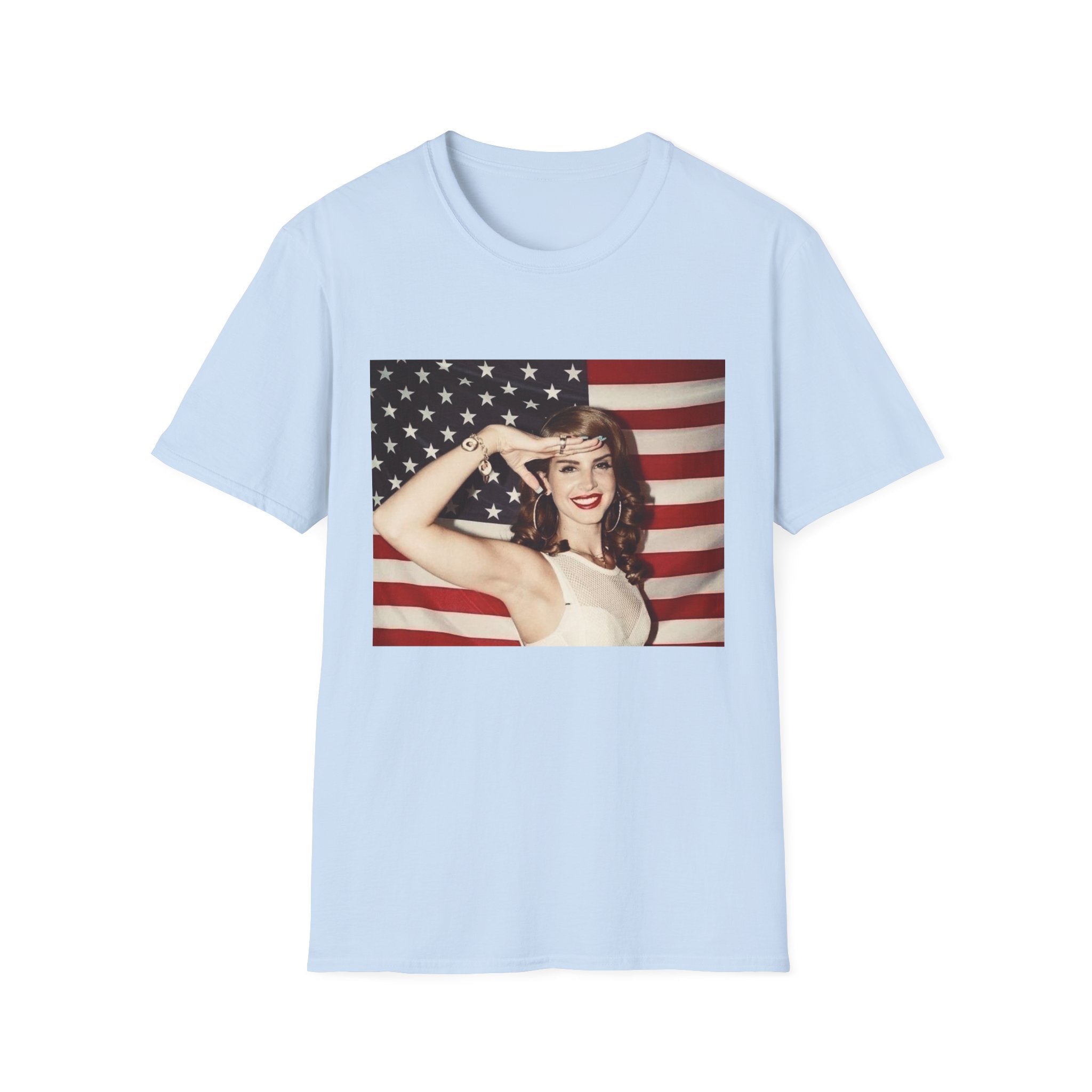 Patriotic Pin-Up T-Shirt — Retro Woman Saluting with American Flag