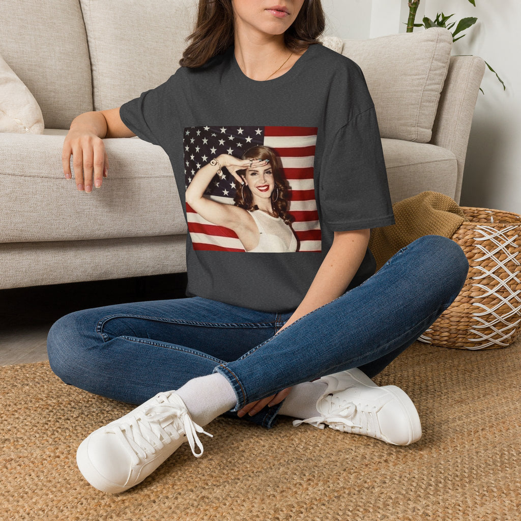 Patriotic Pin-Up T-Shirt — Retro Woman Saluting with American Flag