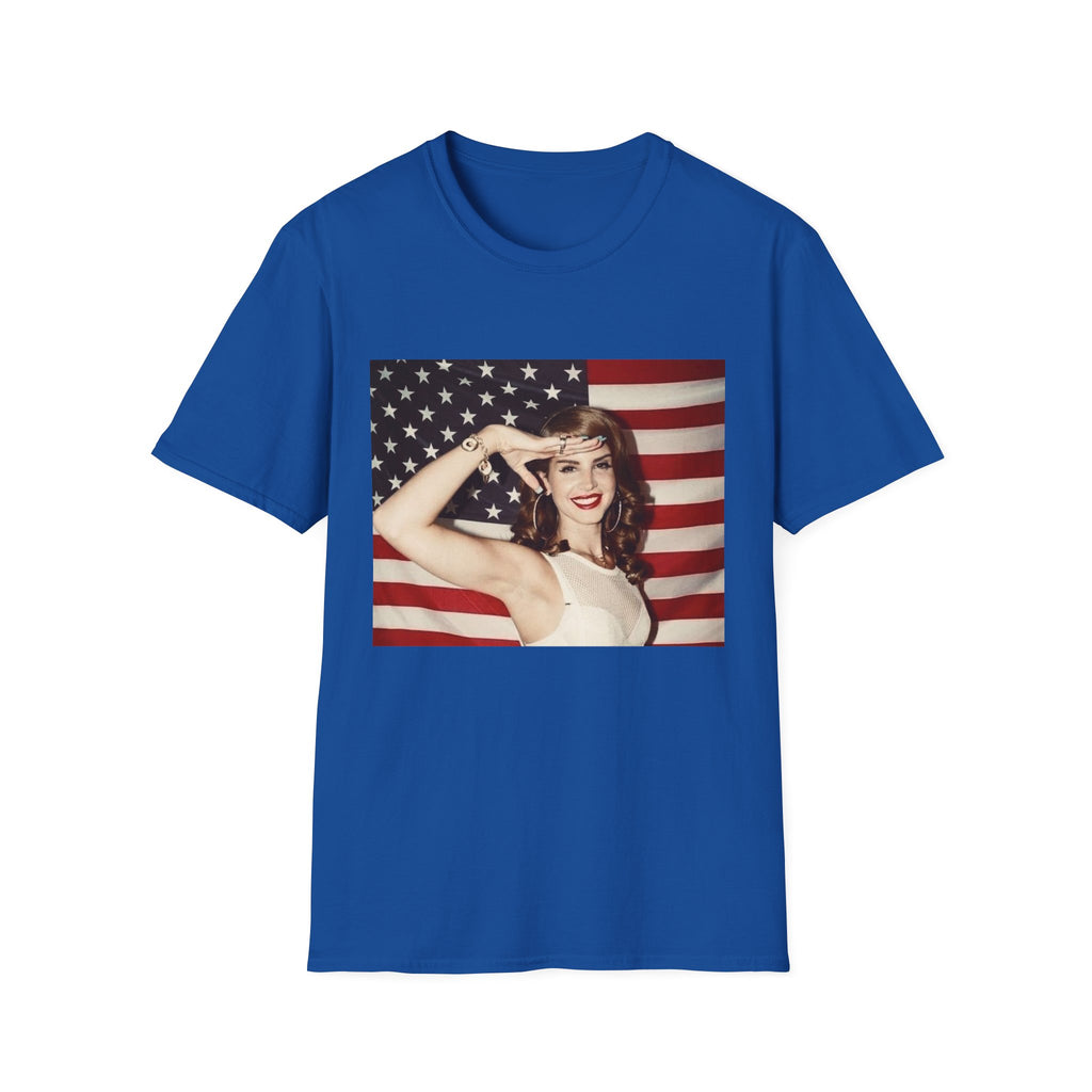 Patriotic Pin-Up T-Shirt — Retro Woman Saluting with American Flag