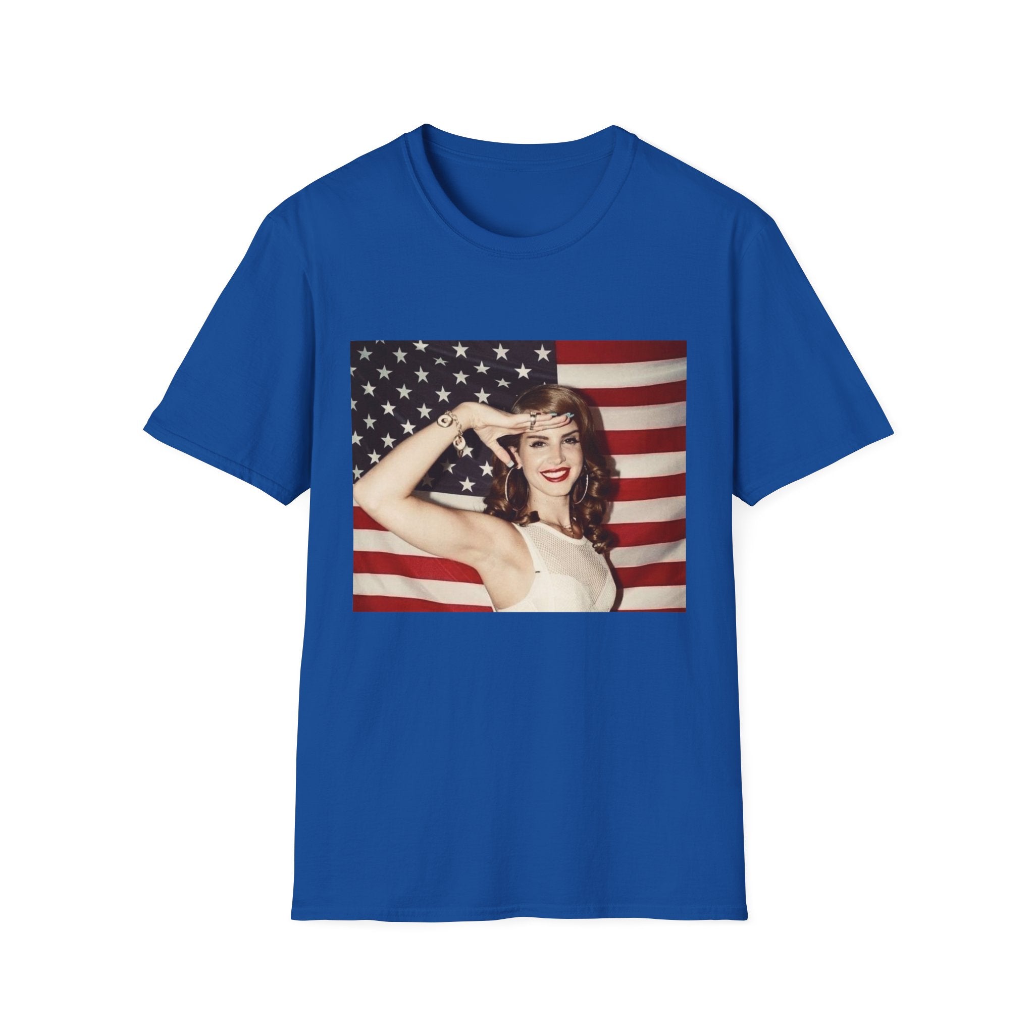 Patriotic Pin-Up T-Shirt — Retro Woman Saluting with American Flag