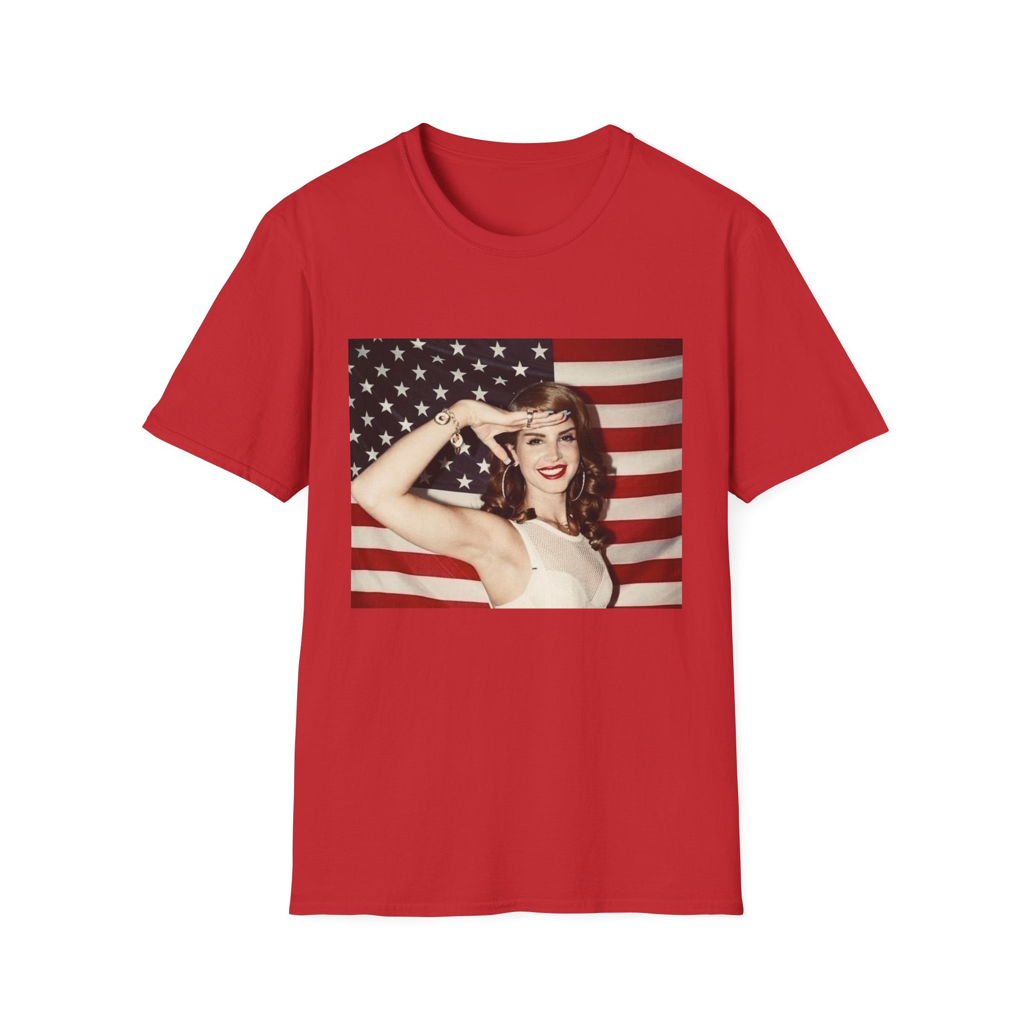 Patriotic Pin-Up T-Shirt — Retro Woman Saluting with American Flag