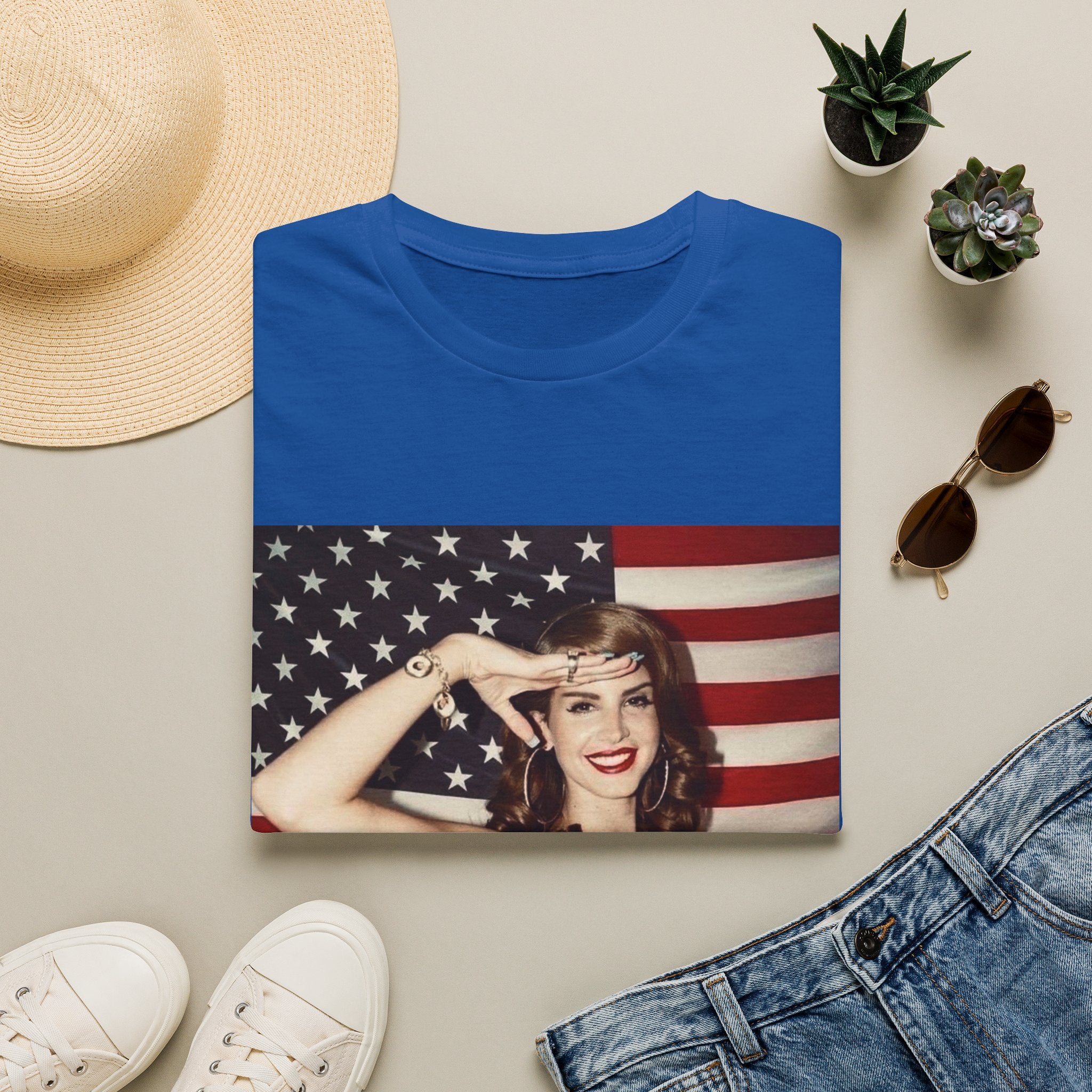 Patriotic Pin-Up T-Shirt — Retro Woman Saluting with American Flag