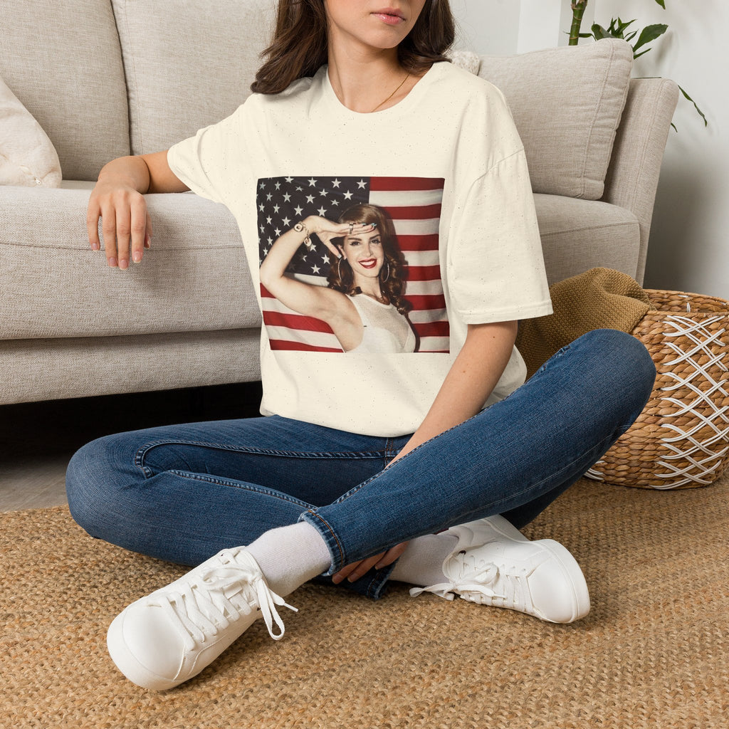 Patriotic Pin-Up T-Shirt — Retro Woman Saluting with American Flag