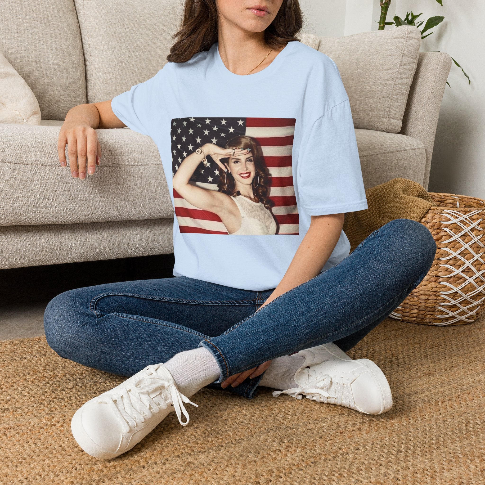 Patriotic Pin-Up T-Shirt — Retro Woman Saluting with American Flag
