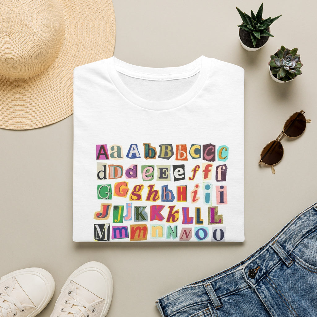Alphabet Collage T-Shirt — Colorful Ransom-Note Letter Design for Teachers, Kids & Back-to-School