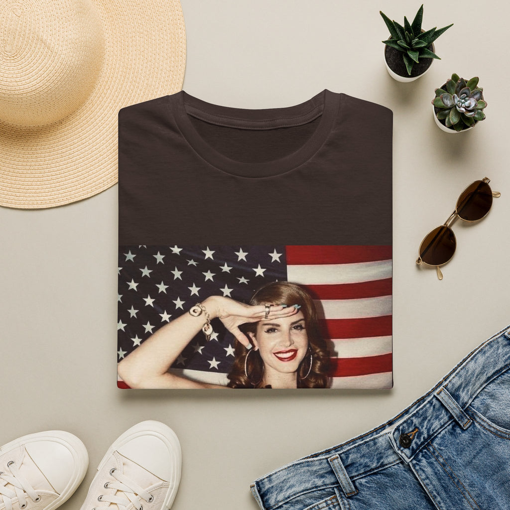 Patriotic Pin-Up T-Shirt — Retro Woman Saluting with American Flag
