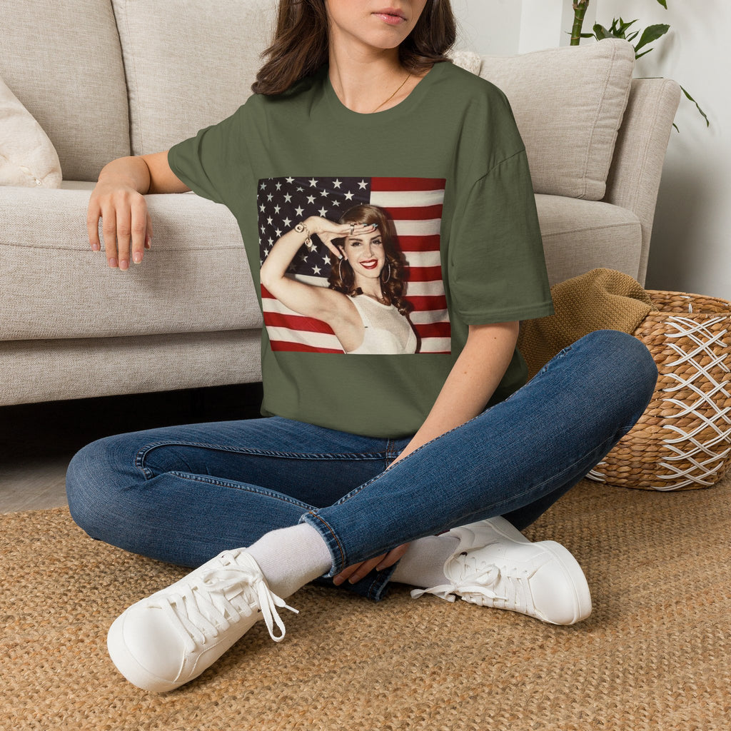 Patriotic Pin-Up T-Shirt — Retro Woman Saluting with American Flag