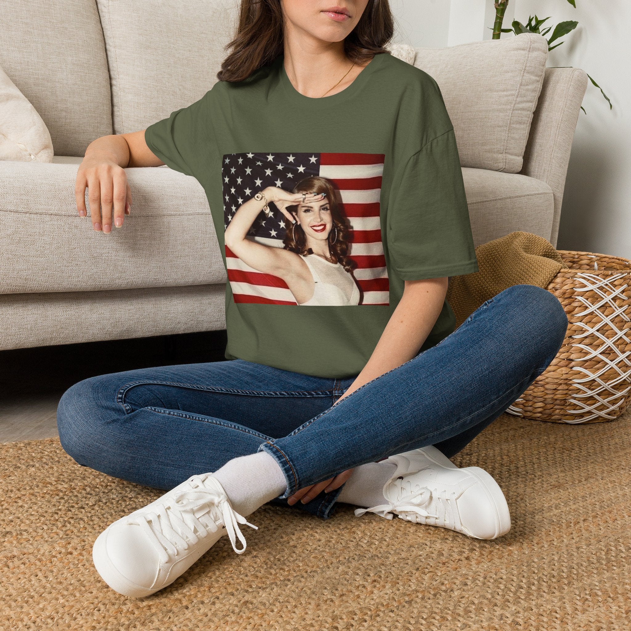 Patriotic Pin-Up T-Shirt — Retro Woman Saluting with American Flag