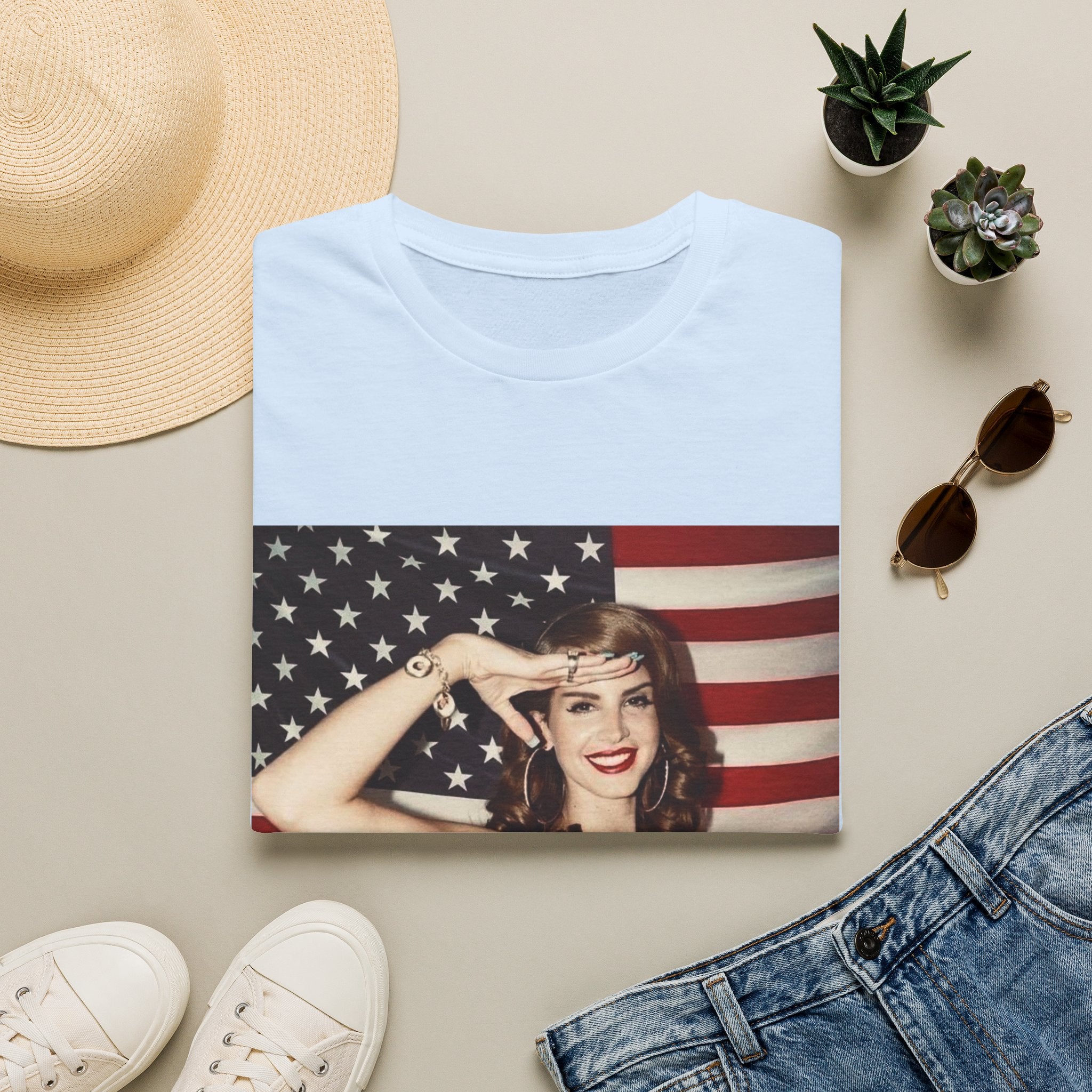 Patriotic Pin-Up T-Shirt — Retro Woman Saluting with American Flag