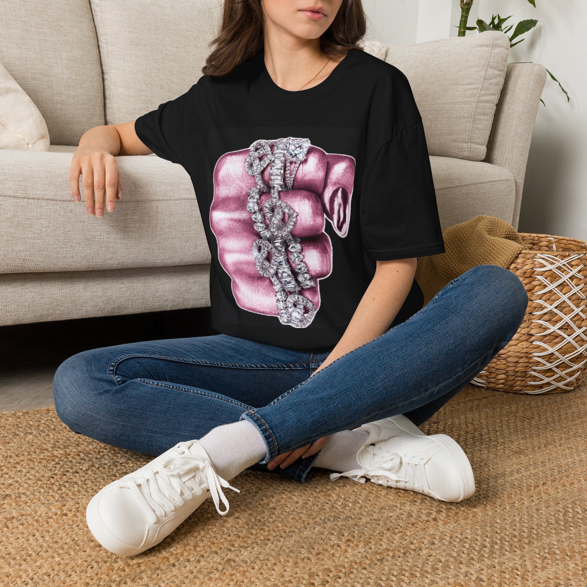 Graphic T-Shirt — Pink Knuckleduster Design with Diamond Chain