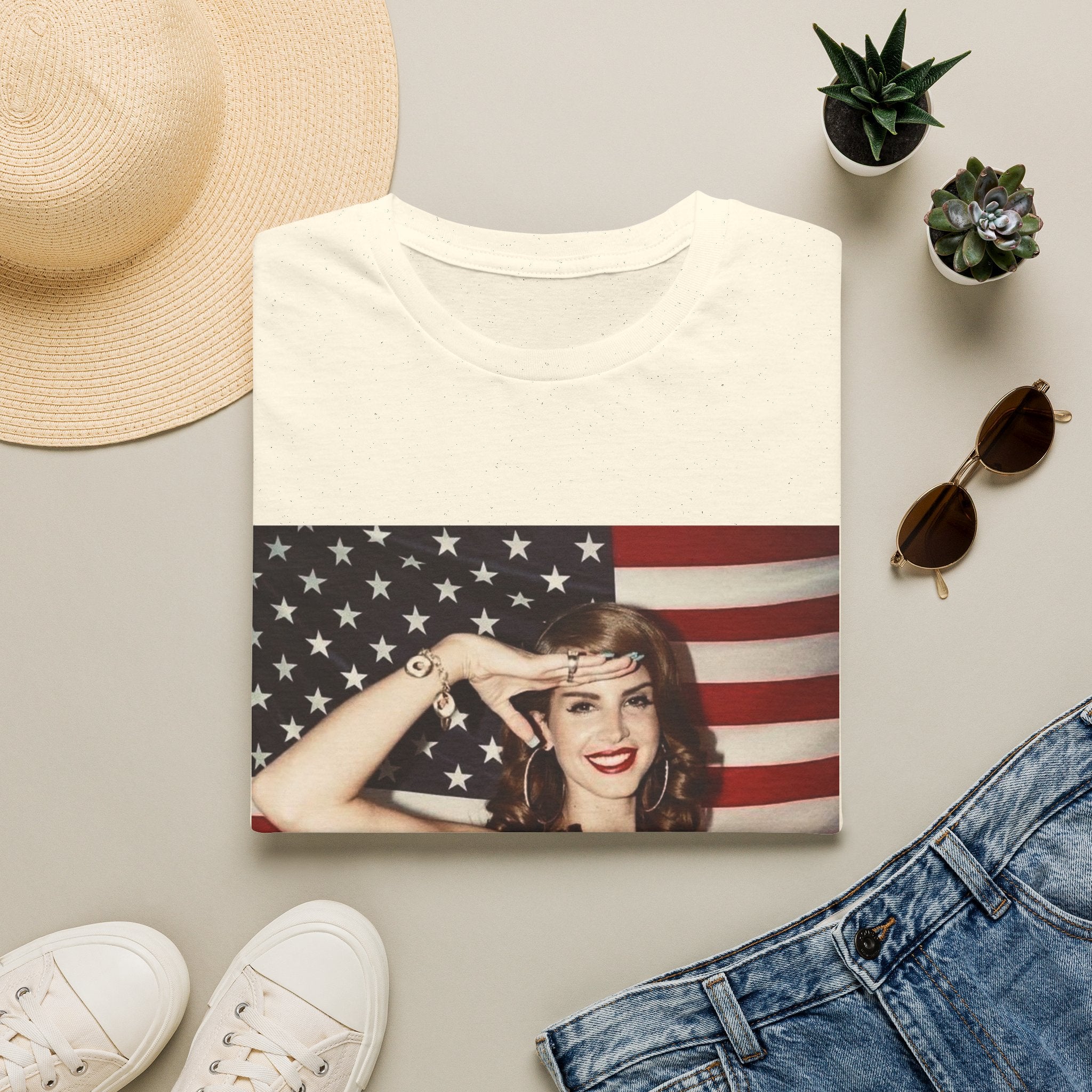 Patriotic Pin-Up T-Shirt — Retro Woman Saluting with American Flag