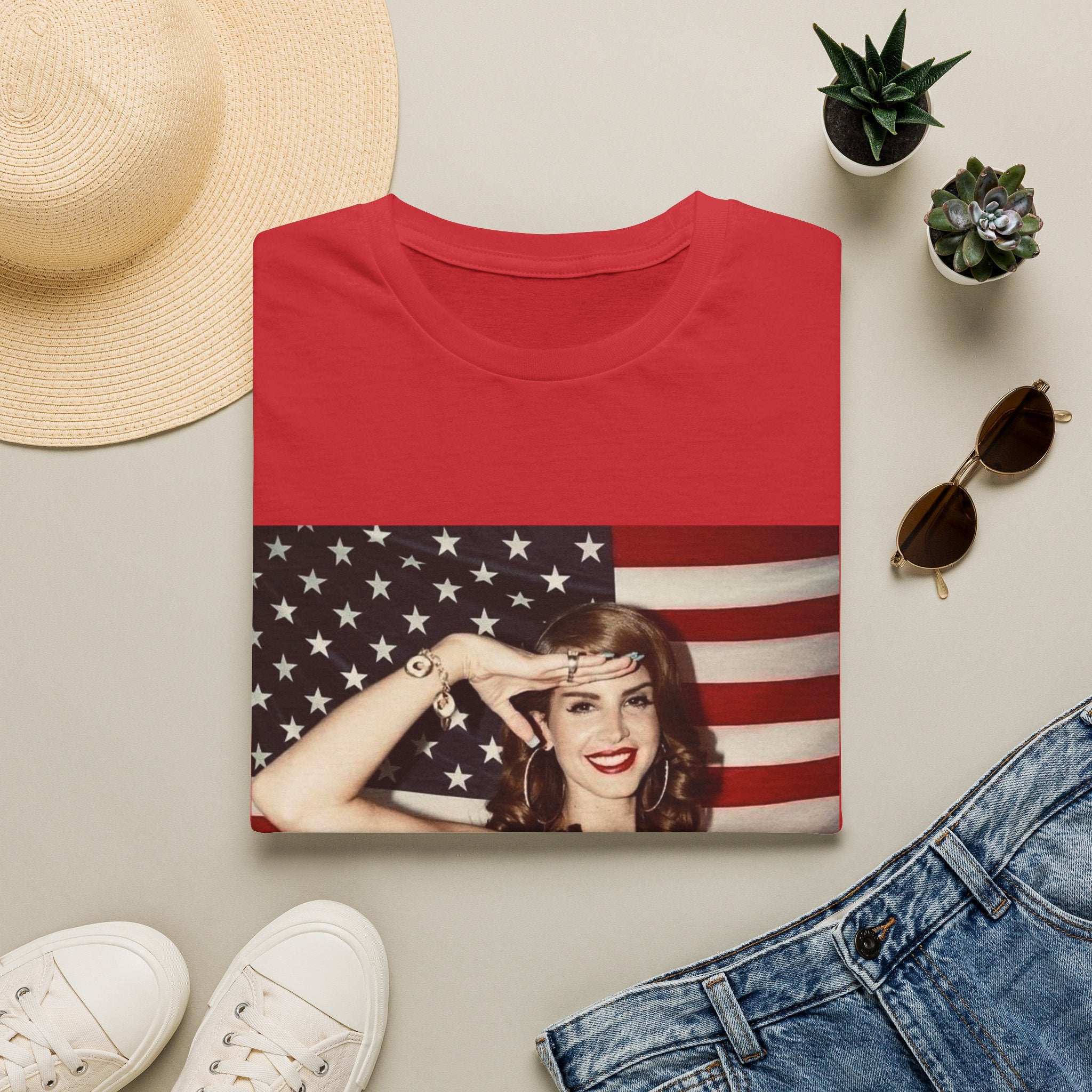 Patriotic Pin-Up T-Shirt — Retro Woman Saluting with American Flag