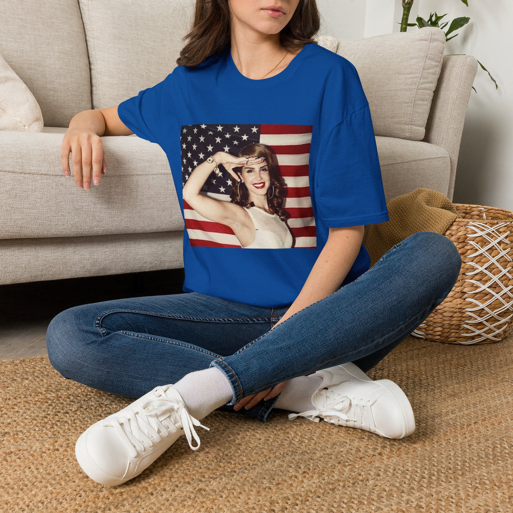 Patriotic Pin-Up T-Shirt — Retro Woman Saluting with American Flag
