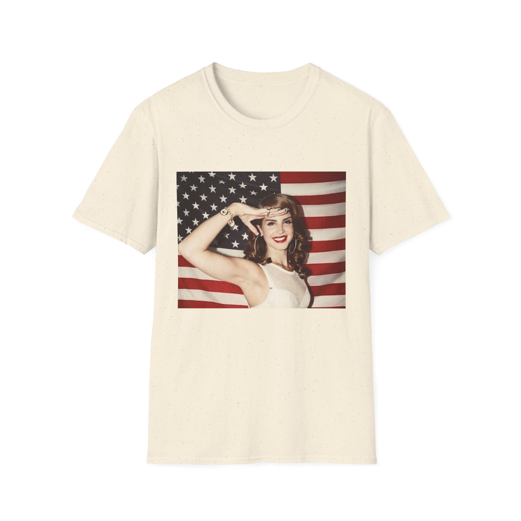 Patriotic Pin-Up T-Shirt — Retro Woman Saluting with American Flag