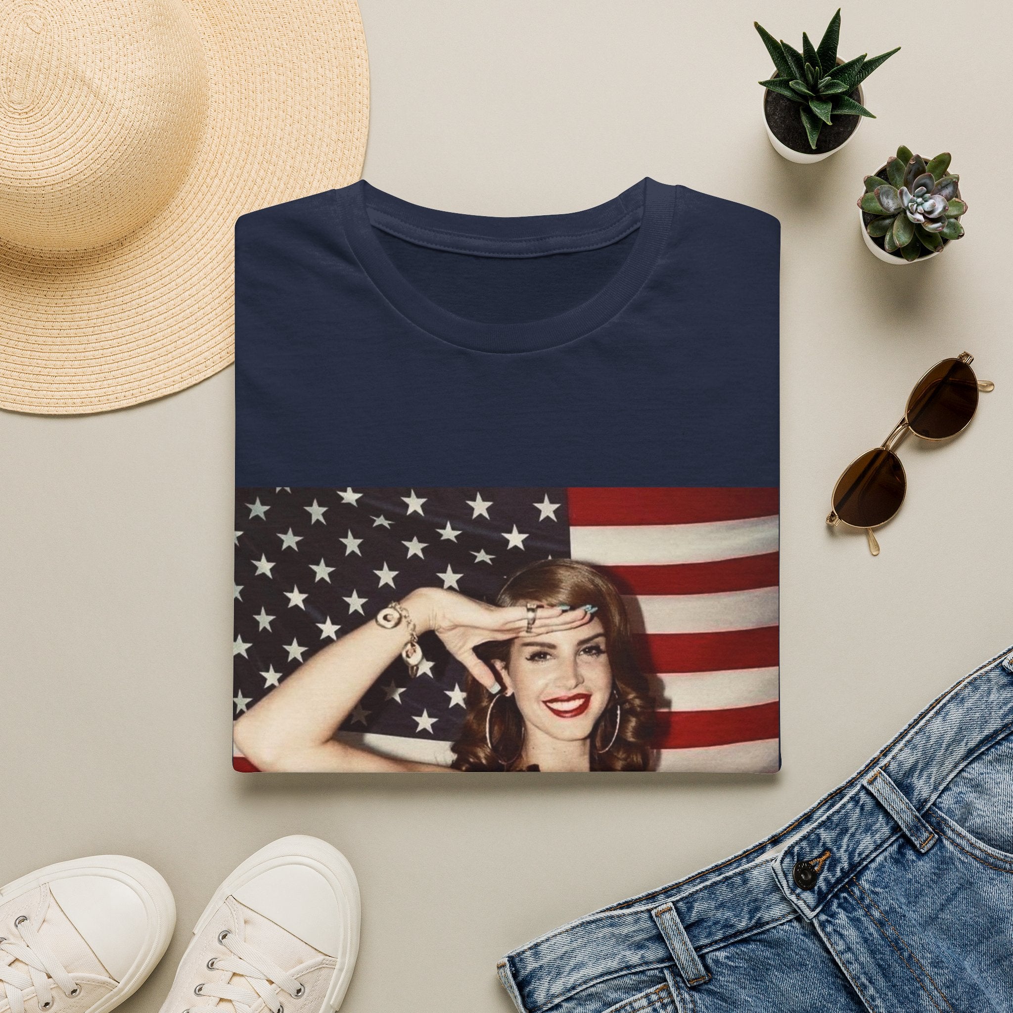 Patriotic Pin-Up T-Shirt — Retro Woman Saluting with American Flag