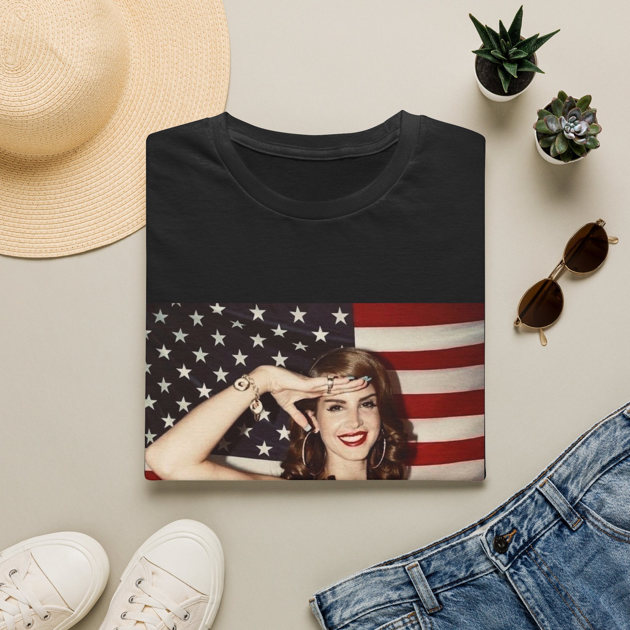 Patriotic Pin-Up T-Shirt — Retro Woman Saluting with American Flag